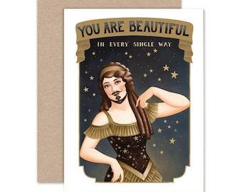 Bearded Lady Valentine, You Are Beautiful, Illustrated Notecard, Circus Art, Carnival Art, Beautiful Girl