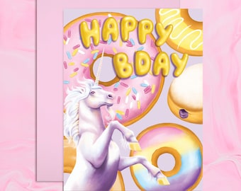 Unicorn Birthday Card, Pink Donuts, Magical Birthday