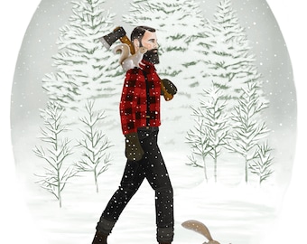 Art Print, Lumberjack Illustration Print, Winter Scene, Plaid Flannel, Woodcutter