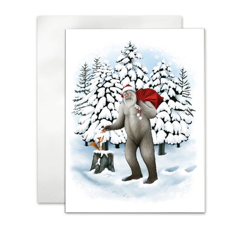 Santasquatch delivers a Christmas walnut to a small red squirrel. The squirrel stands on a snow covered stump and reaches for the gift. The background is a snowy landscape in pale blue and white, with dark snow covered evergreens. No text.