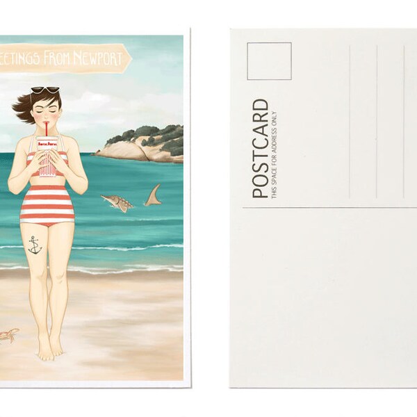 Geïllustreerde Ansichtkaart, Kunstkaart, Strandillustratie, Zomer, Kustkunst, Newport, RI, New England