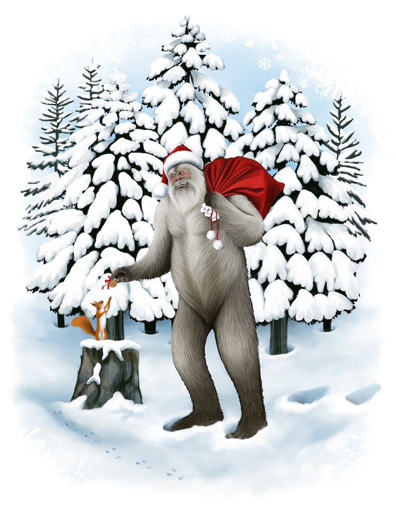 Sasquatch Christmas Card, Greeting Card Set, Cryptid Art, Illustrated Holiday Card, Bigfoot image 5