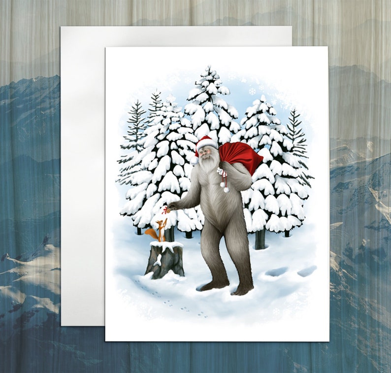 Friendly Sasquatch in Santa hat, with red sack over his shoulder, hands a beribboned walnut to a small red squirrel standing on a snowy stump. Background is dark green trees covered in deep snow in tones of blue and white. Snow covers the ground.