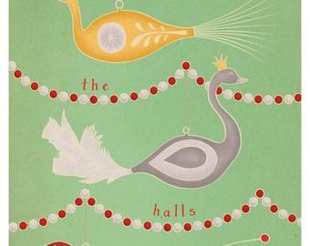 Blank Holiday Card, Set of 4, Christmas Card, Vintage Ornaments, Vintage Birds, Retro Card