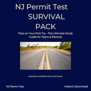 Könnte beinhalten: Dunkelblaue Grafik mit dem Text "NJ Permit Test SURVIVAL PACK" und "Pass on Your First Try - The Ultimate Study Guide for Teens & Parents." Enthält ein Straßenbild und die Worte "Instant Download."
