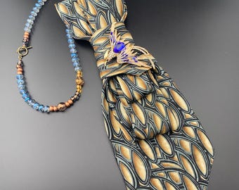 Artisan Hand Sewn Necktie Necklace - Handmade Beaded Bird Brooch