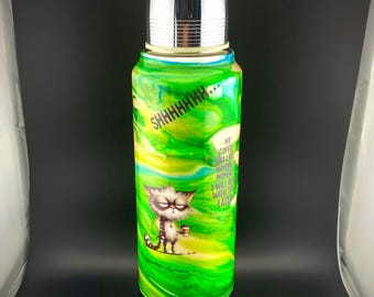 Handmade Alcohol Ink Vintage Stanley Aladdin Thermos - Green Swirl w/Cat Decal, 32oz