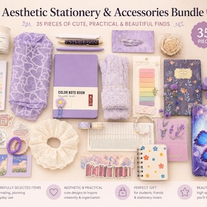 May include: A 35-piece stationery and accessories bundle featuring a purple notebook, a butterfly-themed journal, a candle, fuzzy gloves, a white eyelet scrunchie, pens, stickers, washi tape, sticky notes, and a flower hair clip on a light background.