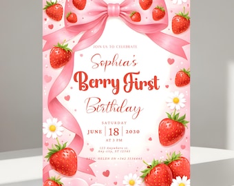 Berry First Birthday Invitation, Strawberry Theme, Digital Download