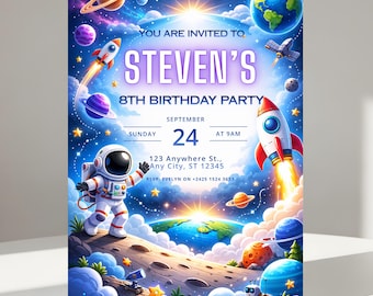 Outer Space Birthday Invitation, Astronaut Rocket Theme Party (Digital Download)