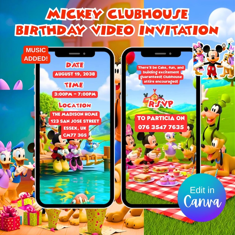 Mickey Mouse Clubhouse Birthday Invitation | Editable Canva Template ...