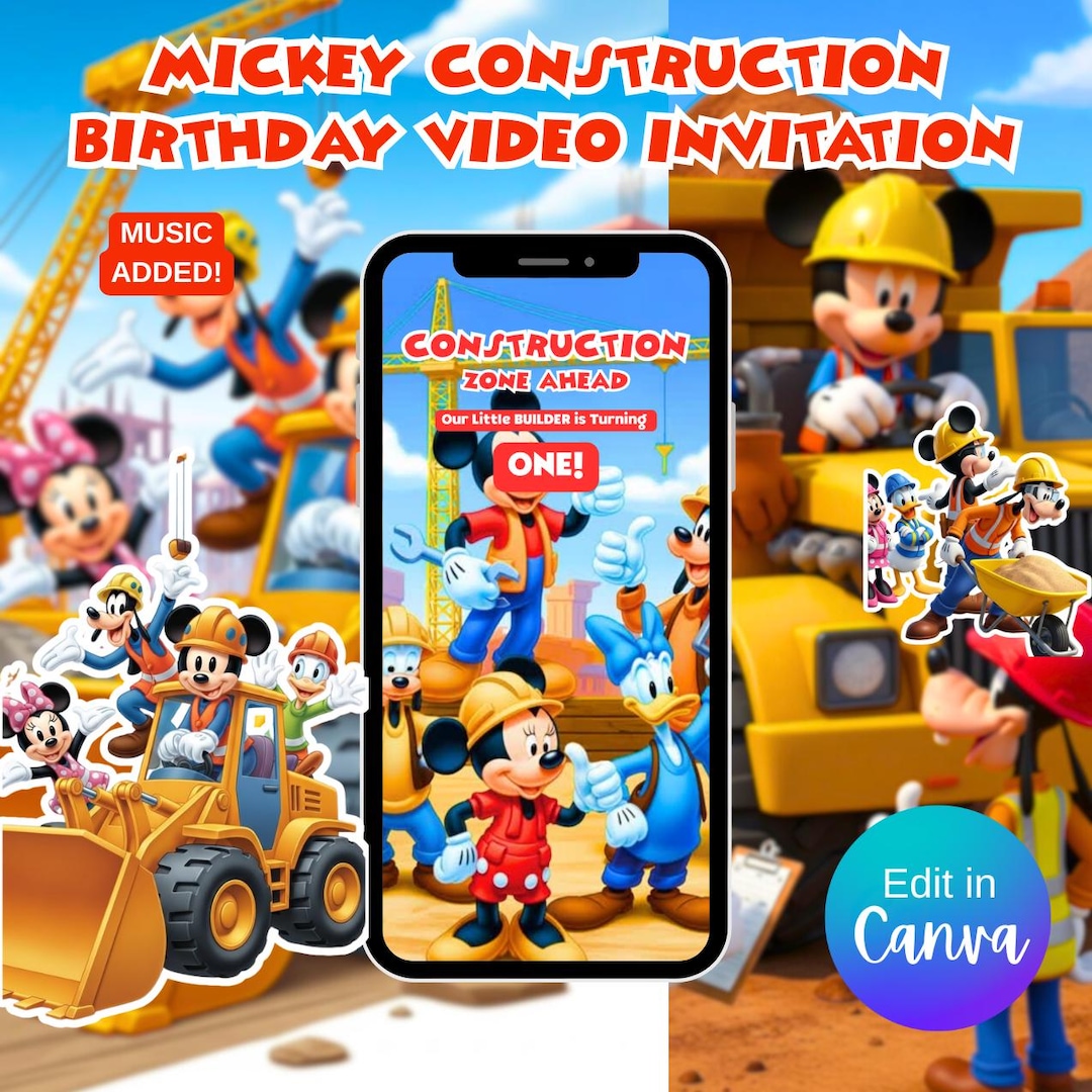 Mickey Mouse Construction Birthday Invitation | Canva Editable (digital ...