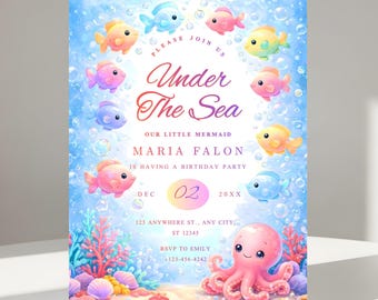 Under the Sea Birthday Invitation, Editable Ocean Birthday Invite, Canva Digital Download