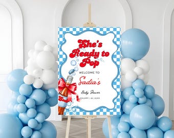 Letrero de bienvenida para baby shower "She's Ready To Pop" en color azul