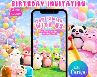 Squishmallow Birthday Invitation Video, Editable Canva Template, Kids Party Invite