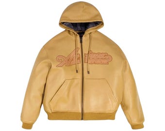 Avirex Men’s Yellow Genuine Nappa Leather Bomber Jacket with Hoodie USA Logo Classic Fit