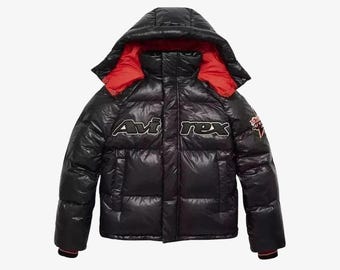 Chaqueta acolchada de cuero vintage con capucha de Avirex para hombre: abrigo retro de los 90