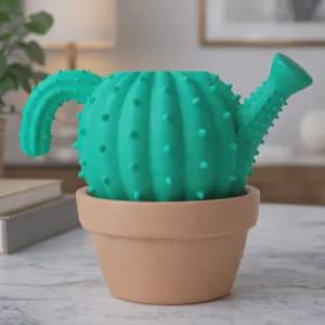 Op de afbeelding: Een turquoise cactusvormige gieter met een handvat en tuit, in een terracotta pot. De cactus heeft kleine, afgeronde bobbels. De gieter is ontworpen om op een cactusplant te lijken.
