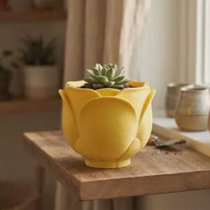 Może przedstawiać: Żółta ceramiczna donica w kształcie tulipana z małą rośliną sukulentową. Donica stoi na drewnianej powierzchni w pobliżu okna, z innymi ceramicznymi donicami widocznymi w tle.