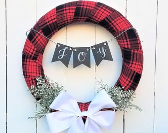 Buffalo Plaid Christmas wreath, plaid wreath, rustic plaid wreath, joy Christmas wreath, plaid xmas decor, buffalo plaid Christmas decor