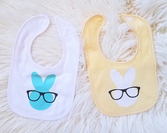 Easter Bibs-READY TO SHIP- Hipster Easter Bunny bib, Easter Bunny with glasses bib, baby's first Easter Bib, Funny Easter Bunny Bib