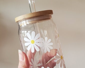 White Daisy Glass Coffee cup, floral beer can glass cup, flower Glass Cup, glass ice coffee cup with lid, glass tumbler with bamboo lid