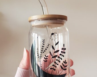 Floral Moon Glass tumbler with lid, witchy can glass cup, witchy gift, moon phase glass cup, boho glass coffee cup, mystical moon glass cup