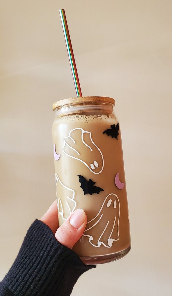 Halloween Ghosts Glass Iced Coffee cup with lid and straw, 20 oz 16 oz Halloween Glass Can tumbler, Ghost glass tumbler, cute Halloween cup