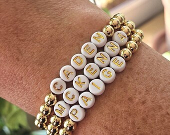 Pulseira personalizada com nome, contas banhadas a ouro 14k, pulseira com palavra personalizada