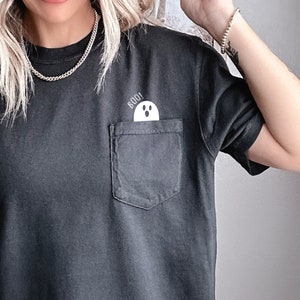 Cute Ghost Pocket Tee, Halloween shirts for women, cute Halloween shirt, ghost in pocket tee, boo shirt, ghost shirt, cute ghost shirt