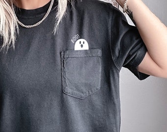 Cute Ghost Pocket Tee, Halloween shirts for women, cute Halloween shirt, ghost in pocket tee, boo shirt, ghost shirt, cute ghost shirt