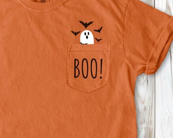 Ghost Pocket Tee, Halloween Shirt, Comfort Colors Brand (Made to Order)