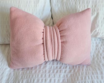 Plush bow pillow, bow pillow, coquette pillow, rose pink bow pillow, fleece bow pillow
