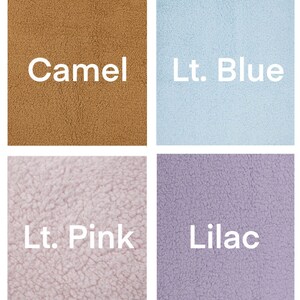 May include: Four fabric swatches in different colors: camel, light blue, light pink, and lilac. The fabric has a fuzzy texture.