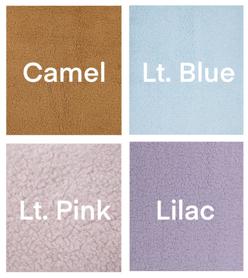 May include: Four fabric swatches in different colors: camel, light blue, light pink, and lilac. The fabric has a fuzzy texture.
