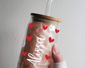 Personalized Valentine’s Day glass tumbler, valentines day gift for wife, 20 oz 16 oz Small Hearts Glass Can tumbler, Galentine’s Day Gift