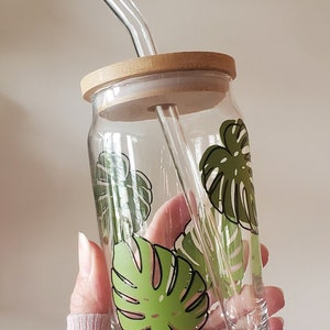 Botanical Tropical Leaves Glass Can with Bamboo Lid and Glass Straw