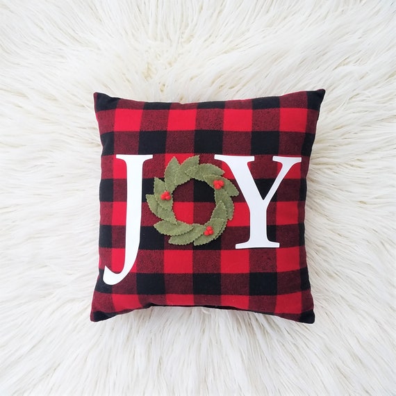Christmas Joy pillow, Christmas buffalo plaid pillow, red plaid Christmas decor, buffalo plaid pillow, joy plaid pillow, joy wreath pillow