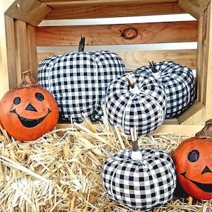 Buffalo Plaid Fabric Pumpkins, farmhouse fall plaid, rustic fabric pumpkins, farmhouse fall decorations, black and white plaid pumpkins
