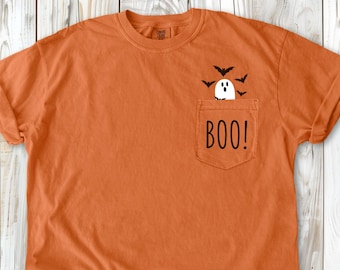 Cute Ghost Pocket Tee, Halloween shirts for women, cute Halloween shirt, ghost in pocket tee, boo shirt, ghost shirt, cute ghost shirt