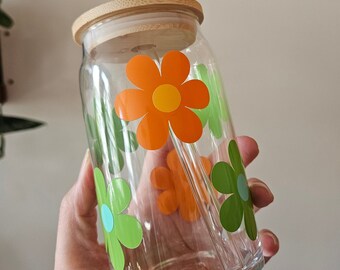 Tazza da caffè in vetro con margherite retrò, tazza da birra floreale in vetro, tazza da caffè in vetro con fiore, tazza da caffè freddo in vetro con coperchio, bicchiere in vetro con coperchio in bambù