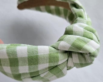Tiara xadrez verde e branca com nó, tiara xadrez verde, tiara com nó para a primavera, acessórios de cabelo para a Páscoa, tiara charmosa