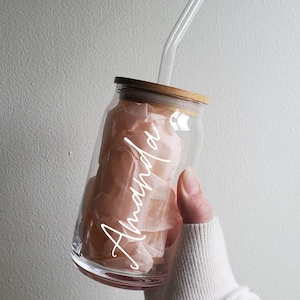 Personalized Glass tumbler with lid, custom can glass cup, bridesmaid box gift, bridesmaid gift glass cup, personalized bridesmaid cup favor