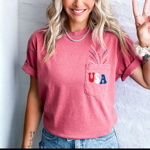 Camiseta de bolso USA Comfort Colors, camisa 4 de julho, camiseta 4 de julho, vermelho branco e azul, EUA, camisa América, camisa patriótica, camiseta Firework
