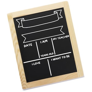 May include: A rectangular chalkboard with a light wood frame. The black surface has white lines and text fields for "Date," "I Am," "Years Old," "My Teacher," "I Love," and "I Want to Be." There is a banner at the top.