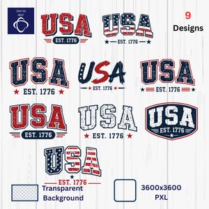 Pode incluir: Uma coleção de nove designs gráficos digitais apresentando o texto USA e EST. 1776 em várias fontes vermelhas, brancas e azuis, algumas com texturas desgastadas, estrelas e padrões de listras, em um fundo de madeira branca.