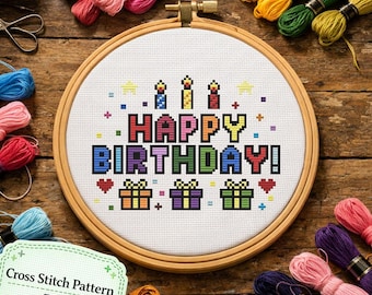 Happy Birthday Cross Stitch Pattern: Celebration Spirit, Modern Colorful Embroidery PDF Instant Download