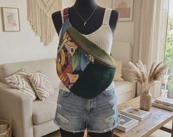 A bag made of various fabrics