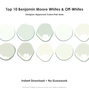 May include: An image displays ten paint color swatches in various shades of white and off-white. The text at the top reads "Top 10 Benjamin Moore Whites & Off-Whites." Below the swatches, the text says "Instant Download • No Guesswork."