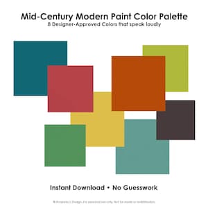 May include: A graphic featuring a Mid-Century Modern Paint Color Palette with eight designer-approved colors. The palette includes squares of teal, red, orange, green, yellow, brown, and blue-green on a white background. Text reads "Instant Download • No Guesswork."